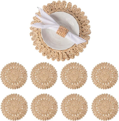 13.8" Set of 8 Round Corn Husk Placemats | Boho Woven Rattan Table Mats | Farmhouse Wicker Spring Plate Chargers Like Water Hyacinth, Seagrass for Wedding, Party, Christmas, Events