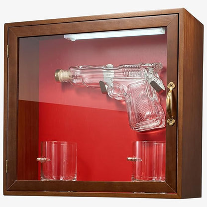 Pistol & Bullet Shot Glasses Hanging Wall Display Case With Light - 7.7 Pistol Gun Decanter & 10oz Glassware - Military Gifts, Veteran Gifts, Law Enforcement Gifts Home Bar Gifts, Drinking Accessories