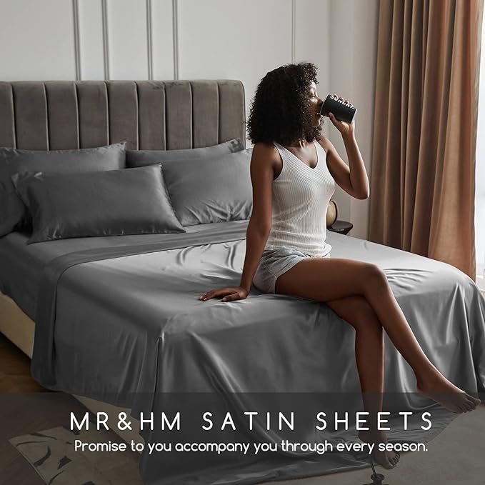 MR&HM Satin Bed Sheets, Full Size Sheets Set, 6 Pcs Silky Bedding Set with 15 Inches Deep Pocket for Mattress (Full, Dark Grey)