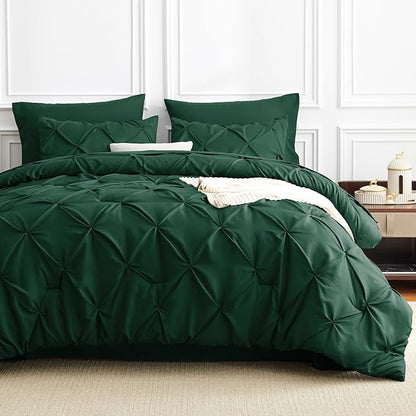CozyLux California King Comforter Set Emerald Green - 7 Pieces Cal King Pintuck Bed in A Bag Gift for Family, Pinch Pleat Bedding Sets with All Season Comforter, Sheets, Pillowcases & Shams