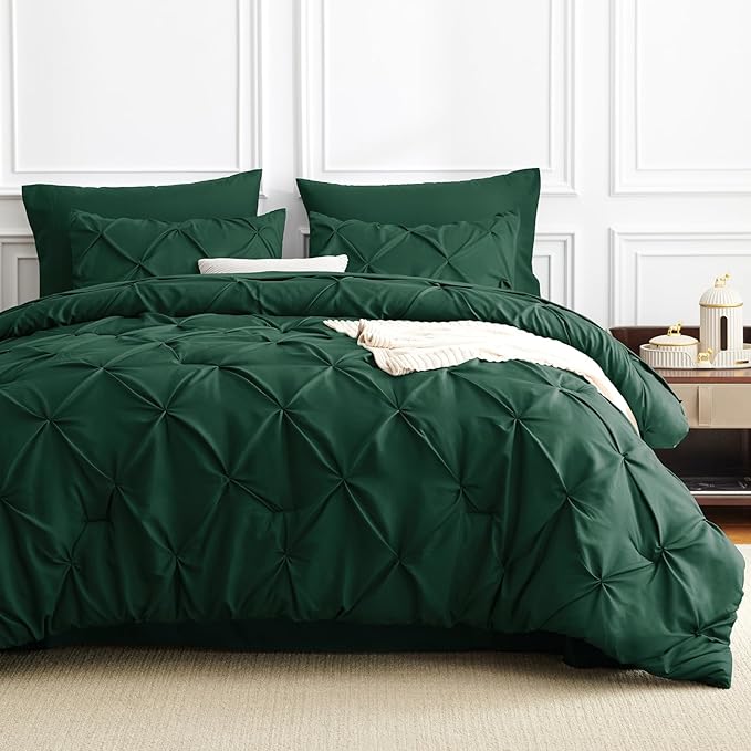 CozyLux Full Size Comforter Sets Emerald Green, 7 Pieces Bed in A Bag Green Comforter Full Size, Pinch Pleat Bedding Sets with All Season Comforter, Sheets, Pillowcases & Shams