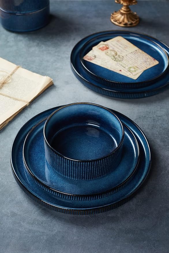 Famiware Star Dinnerware Sets, Plates and Bowls Set for 4, 12 Pieces Ribbed Dishes - Chip and Scratch Resistant, Microwave and Dishwasher Safe Tableware, Nebulas Blue