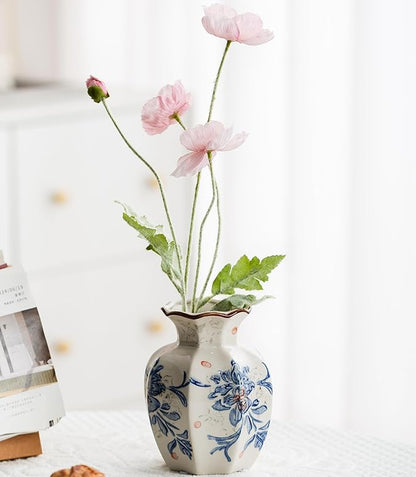 Blue and White Vase, Vintage Blue Ceramic Flower Vessel,Ceramic vases for Home Decor,Vintage Green and Beige for Console Table Mantle Chinoiserie Decor (Blue and White-02, Small)
