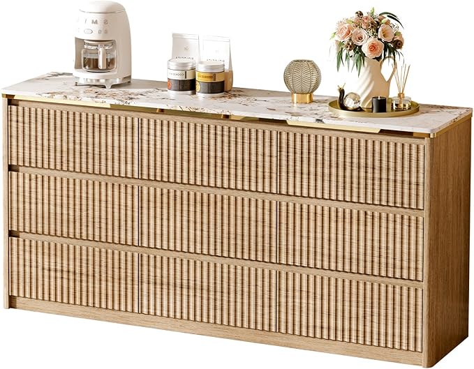 Fluted Dresser for Bedroom with 9 Drawers,62.99" Modern Chest of Drawers with Faux Marble Top, Curved Profile Design,Dresser TV Stand, Wood Drawer Organizer for Living Room, Hallway, Wood