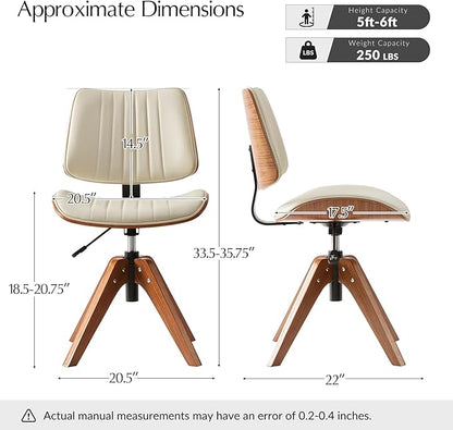 HULALA HOME Desk Chair with Solid Wood Legs, Adjustable Height & 360° Swivel, Comfy Bentwood Faux Leather Tufted Task Chair, Ivory