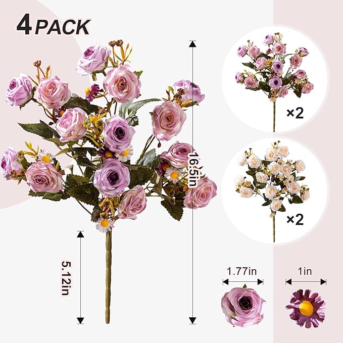 Artificial Flowers for Outdoor 4 Bundles Rose Bouquet with Daisy Faux Flowers UV Resistant for Home Indoor Outside Garden Porch Window Box Balcony Yard Porch Decor (White+Purple)
