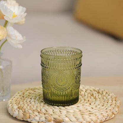 Vintage Glassware Drinking Glasses Set of 4-10.5 oz Green Glasses Water Tumbler, Embossed Glassware Cups for Juice, Beer, Cocktail, Whiskey, Various Mixed Drinks