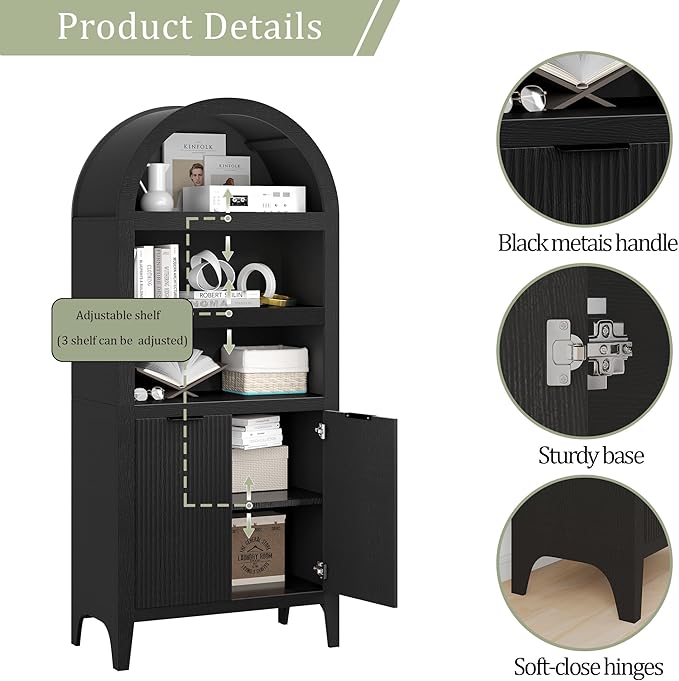 Arched Cabinet Bookshelf Black Arch Bookcase with Doors, Wooden Curved Book Case 5-Tier Tall Round Top Bookshelves for Living Room