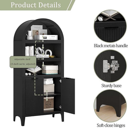 Arched Cabinet Bookshelf Black Arch Bookcase with Doors, Wooden Curved Book Case 5-Tier Tall Round Top Bookshelves for Living Room