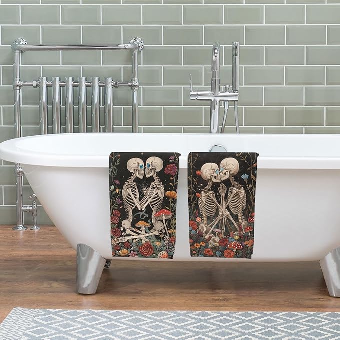 Mushroom Skull Kitchen Dish Towels Set Decorative Absorbent Tea Towels Funny Hand Towels 16x24 Skeleton Floral Gift