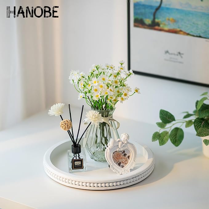 Hanobe Decorative Tray: White Beaded Round Serving Tray Modern Farmhouse Wooden Circle Centerpiece Tray Decor for Home Living Dining Room Kitchen Counter Bathroom