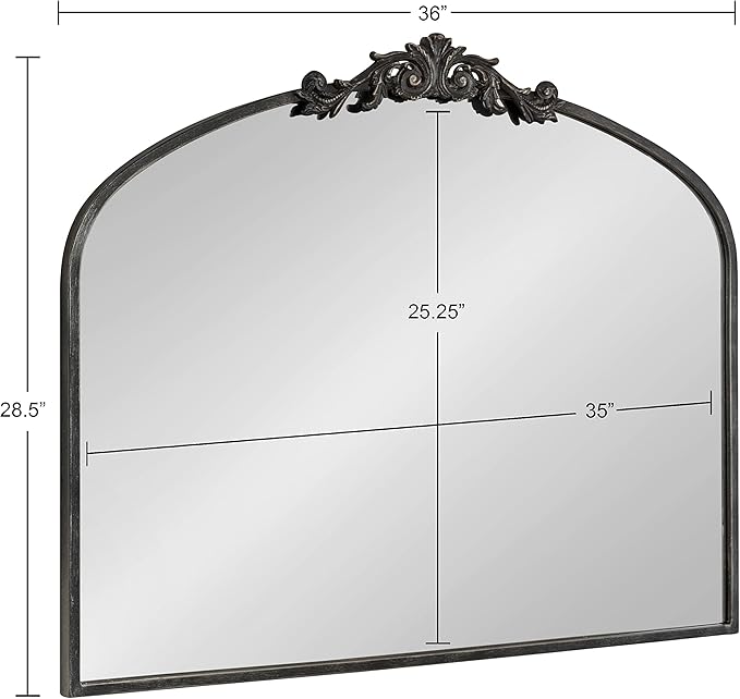 Kate and Laurel Arendahl Ornate Traditional Arched Mirror; 36 x 29; Black; Decorative Baroque Style Arched Wall Mirror with Wide Frame and Crown