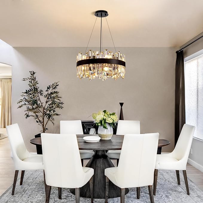 Siljoy Black Crystal Chandelier for Dining Room, Modern 2-Tiers K9 Crystal Raindrop Chandelier 12 Lights Dimmable Farmhouse Pendant Ceiling Light for Living Room Kitchen Island Entry Foyer D19.7''
