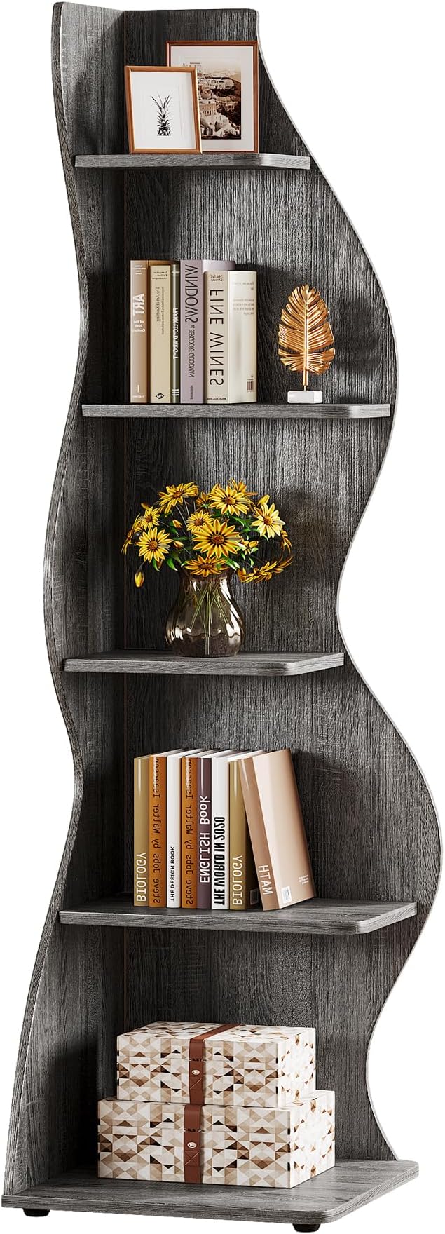 Tribesigns Wavy Corner Shelf, Modern 5-Tier Bookshelf Bookcase with Curvy Shape, Unique Plant Stand Display Rack for Living Room Small Space (Gray)
