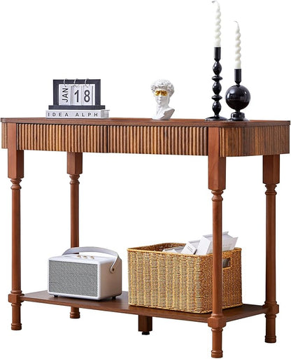 43.3'' Fluted Console Table for Entryway, Narrow Entryway Tables with 2 Wooden Drawers, Retro Sofa Table Behind Couch Accent Tables for Foyer, Living Room, Hallway (Walnut)