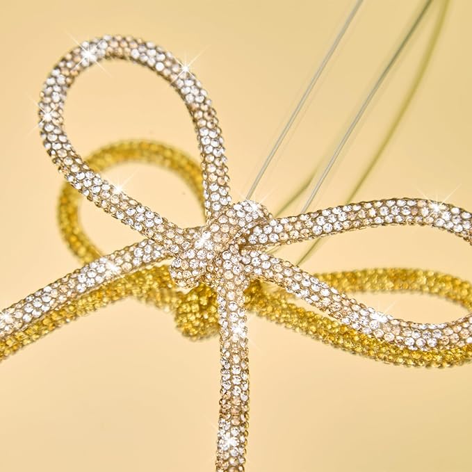 FLAIR GIFTS 6 Pcs 4.3" x 6" 2025 Christmas Bows for Tree Decor, Champagne Gold and Silver Sparkly Glitter Rhinestone Bow Ornaments with Twist Tie for Xmas Decoration, Wreath, Garland, Gift Wrapping