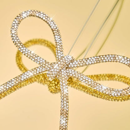 FLAIR GIFTS 6 Pcs 4.3" x 6" 2025 Christmas Bows for Tree Decor, Champagne Gold and Silver Sparkly Glitter Rhinestone Bow Ornaments with Twist Tie for Xmas Decoration, Wreath, Garland, Gift Wrapping