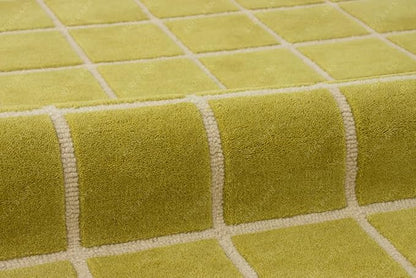 Checkered Wool Area Rug with Scalloped Border, Chartreuse Green & Cream Grid, Hand-Tufted, Soft Cut Pile, Modern Cottagecore Living Room, Bedroom & Nursery Carpet - 8x11 Ft