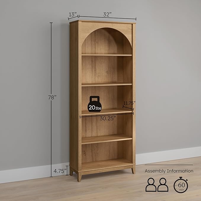 Prepac Ark 78" Tall 5-Tier Arched Bookcase in Natural Oak Veneer, Modern Storage Accent Bookshelf with 3 Adjustable Shelves for Home, Office, Living Room, Bedroom 78”H x 32”W x 13”D