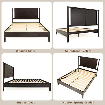 Bme Ethan Queen Bed Frame with Diamond Headboard, Mid-Century Modern, Solid Acacia Wood, No Box Spring Needed, Fits All Mattresses, Rustic Black
