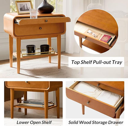 HULALA HOME Nightstand with Pull-Out Shelf, Mid Century Modern End Table with Storage Drawer, Charging Station, Solid Wood Legs, Acorn