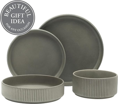 Gibson Elite Deerfield 16-Piece Stoneware Dinnerware Set – Soft Grey Reactive Glaze, Stackable Plates and Bowls, Service for 4 – Microwave & Dishwasher Safe