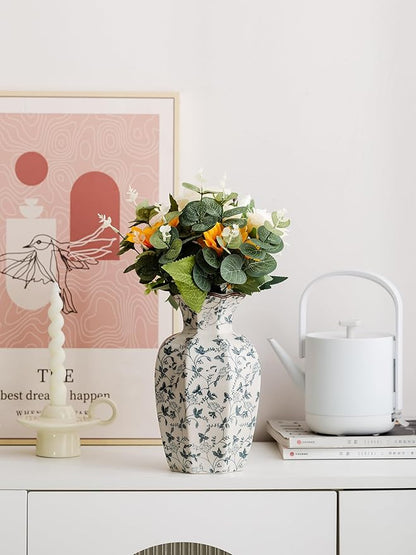 Blue and White Vase, Vintage Blue Ceramic Flower Vessel,Ceramic vases for Home Decor,Vintage Green and Beige for Console Table Mantle Chinoiserie Decor (Retro-01, Large)