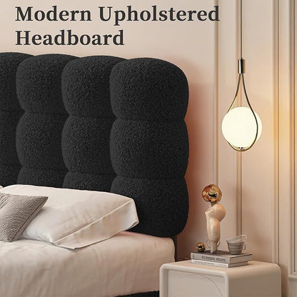 BarnFurin Full Size Bed Frame with Upholstered Headboard, Teddy Soft Boucle Fabric, Platform Bed with Strong Wooden Slats Support, Two Bed Forms Design, No Boxing Spring Needed, Easy Assembly, Black