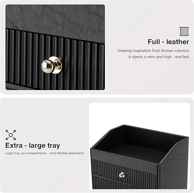 Desk Accessories,Black Vegan Leather Desk Organizers with 1 Draw Remote Control Holder with Gold-Tone Metal Accents Knob, Bedroom