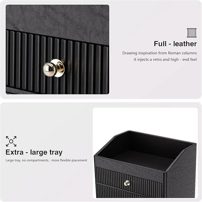 Desk Accessories,Black Vegan Leather Desk Organizers with 1 Draw Remote Control Holder with Gold-Tone Metal Accents Knob, Bedroom