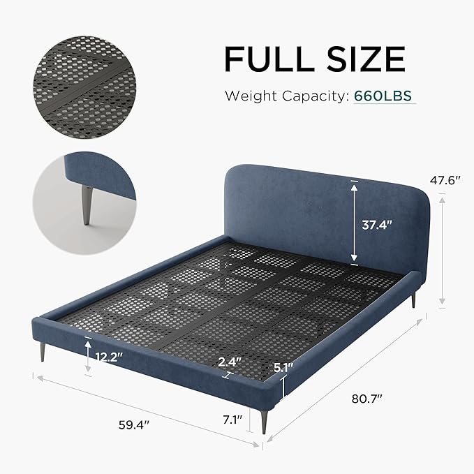 Acanva Modern Minimalist Upholstered Platform Bed Frame with Headboard, Mattress Foundation Base with Metal Slats Support, No Box Spring Needed, Non-Slip, Blue, Full Size