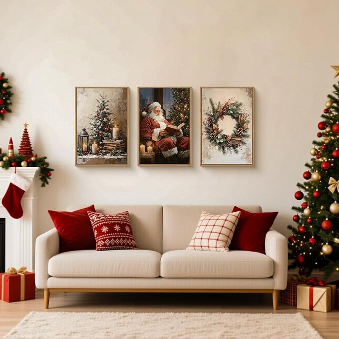 HOURIA Vintage Christmas Framed Canvas Wall Art Set,Santa Claus Reading Book Decor, Wreath Pinecone Berries Artwork,Cozy Night Tree Candle Lantern Prints for Living Room,Xmas Holiday Gifts- 24"x36"x3