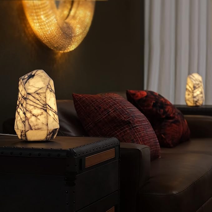 Handcrafted Real Marble Table Lamp, Stone Lamp with Tri-Color Dimmable LED, Bedside Lamp, Small Table Lamp for Home Decor, Table Lamp for Bedroom Living Room, Multifacet
