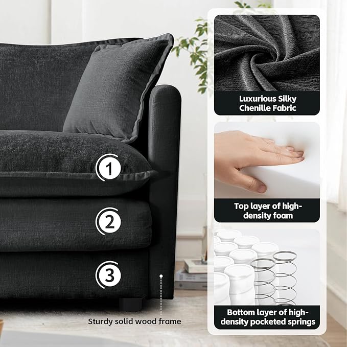 SoarFlash Chenille Sectional Sofa, Comfy L Shaped Modular Coush Sofa with Ottoman, Modern 4 Seat Couch Deep Seat Sofa Set for Living Room,Grey