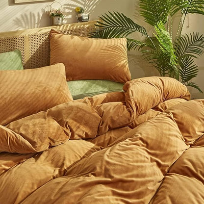 CLOTHKNOW Brown Velvet Queen Size Comforter Sets Fluffy Bedding Comforter Sets Pumpkin Queen Comforter Soft Orange with 2 x Pillow Cases
