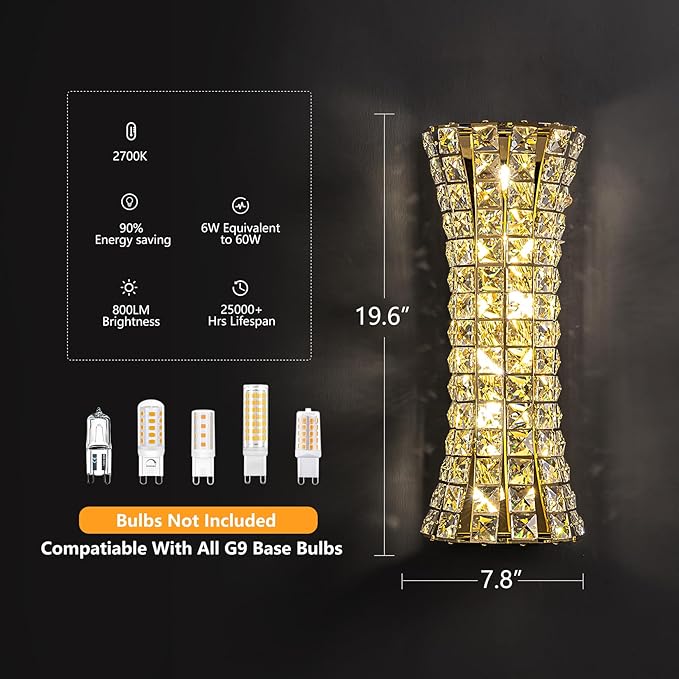 Crystal Wall Sconces,Modern Wall Light Fixtures,Luxury Indoor Gold Wall Lamp for Living Room Bedroom Bathroom Hallway Doorway Stairway,Bedside,Tricolor Vanity Lighting Fixture