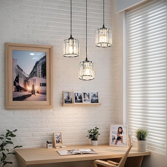 Crystal Pendant Lights Black 3 Light Cluster Ceiling,Modern Hanging Light Fixture for Kitchen Island,Adjustable Round Chandelier for Farmhouse,Dining Room,Foyer,Living Room with LED Bulb