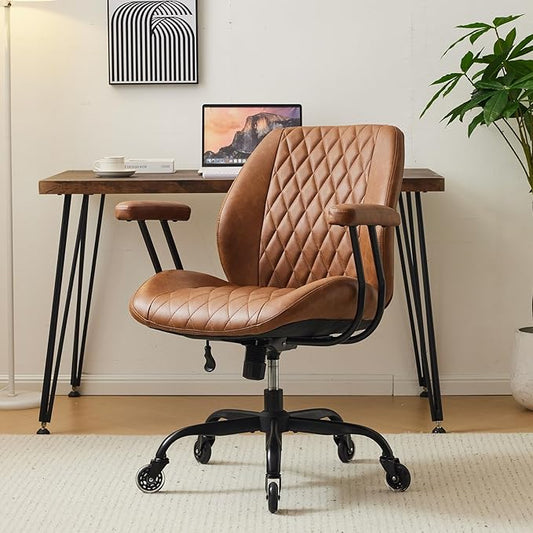 YFO Home Office Chair Office Rubber Casters Ergonomic Computer Chair with Lumbar Support Adjustable Height Rolling Swivel Executive Task Armrests Chair， Brown Leather