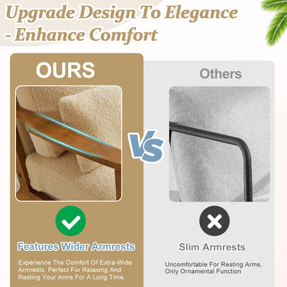 VINGLI Solid Wood Wide Armrests Accent Chair,Upholstered Mid Century Modern Chair with Pillow,Comfy Reading Chair Farmhouse Arm Chair,Chairs Living Room,Bedroom,Guest Room,Teddy Fleece,Khaki