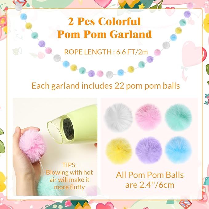 2 Pack Large Pom Poms Garland Hanging Decorations Colorful Soft Faux Rabbit Fur Ball Garland for Easter Xmas Holiday Wedding Baby Shower Birthday Party Supplies(Pastel Color,2.36 Inch)