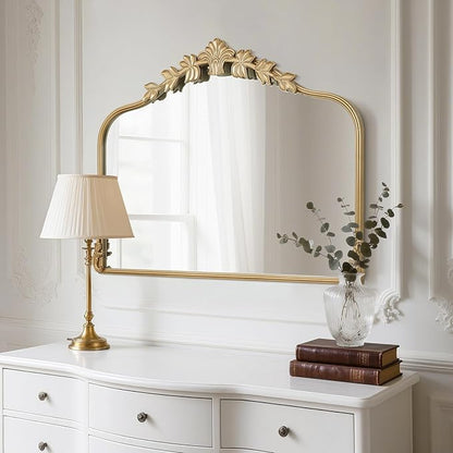 WallBeyond Gold Antique Mirror for Vanity 32x24 Inch, Gold Vintage Mirror with Ornate Frame, Arched Vintage Wall for Bathroom, Living Room, Fireplace