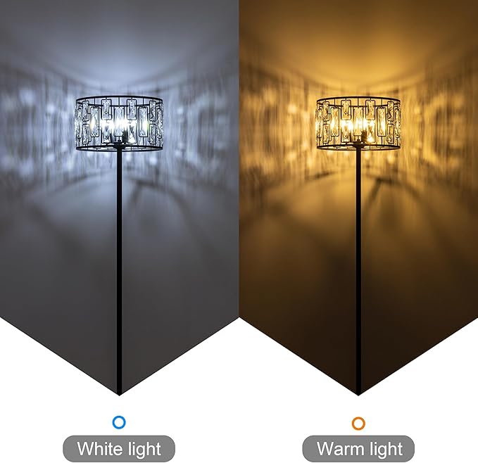 Wellmet Black Crystal Floor Lamp for Living Room, 4 Lights Modern Crystal Standing Lamp, Tall Elegant Floor Lamp with Foot Switch for Office, Reading Room, Bedroom, Dining Room, Entryway(E12 Base)