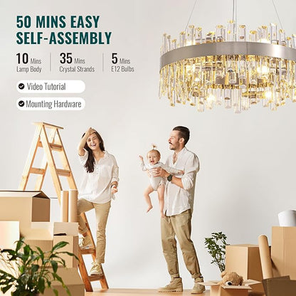 Siljoy 12-Light Modern Crystal Chandelier Round Brushed Nickel 2-Tier K9 Crystal Raindrop Chandelier Luxury Adjustable Hanging Ceiling Light Fixture for Living Dining Room Kitchen Island D23.6''