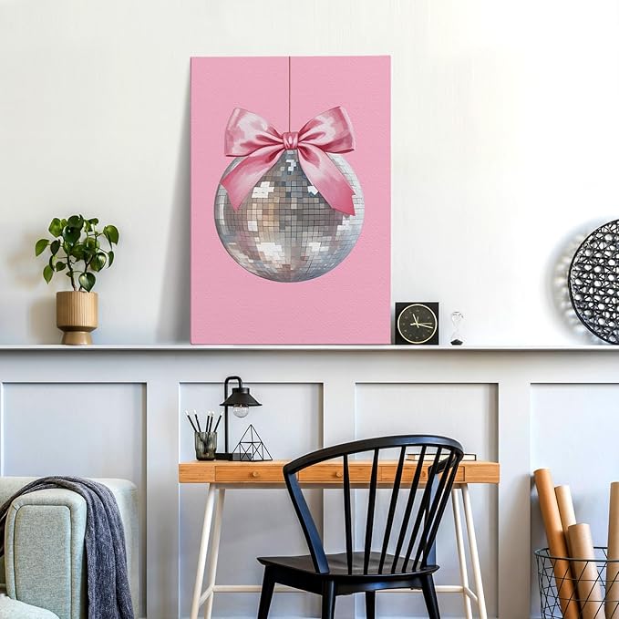 APJYM Pink Coquette Room Decor, Funky Y2K Disco Ball Preppy Wall Art, Preppy Room Decor, Trendy Retro Pink Aesthetic Posters Wall Decor for Teen Girls Bedroom Dorm Apartment Decor, 16x24 Inches Framed