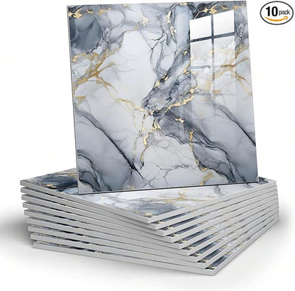 10pcs Marble Peel and Stick Backsplash Waterproof Washroom Wall Panels, Peel and Stick Tile, PVC Foam Wall Panels for Kitchen,Bathroom,Living Room,Blue and Gold(Not Real Tile,11.8" x 11.8")