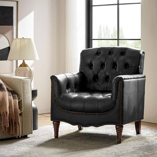 HULALA HOME Mid Century Modern Leather Club Chairs, Top-Grain Genuine Leather Armchairs with Button-Tufted Back & Solid Wood Legs, Accent Chairs for Living Room/Bedroom/Home Office, Black