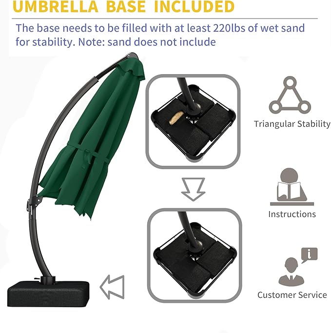 Kingdura 11ft Offset Cantilever Patio Umbrella with Base Included, Large Round Aluminum Outdoor Umbrella, 360° Rotation & Infinite Tilt, Heavy Duty Frame for Deck Pool Backyard, Dark Green