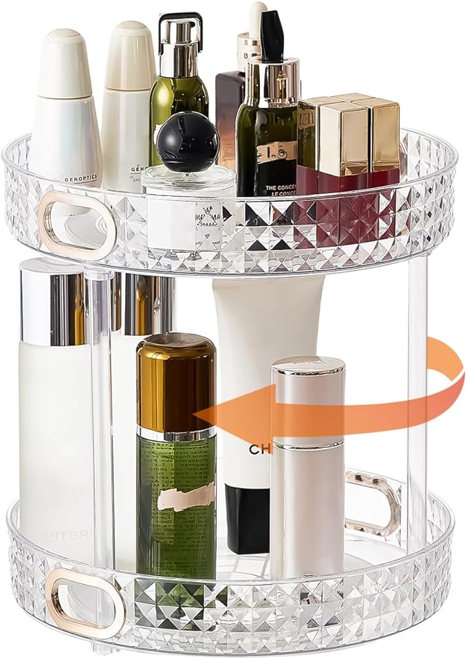 360° Rotating Makeup Organizer, 2 Tier Large Perfume Organizers with Portable Handle for Vanity Bathroom Countertop, Bathroom Counter Organizer for Cosmetics Skincare Perfume
