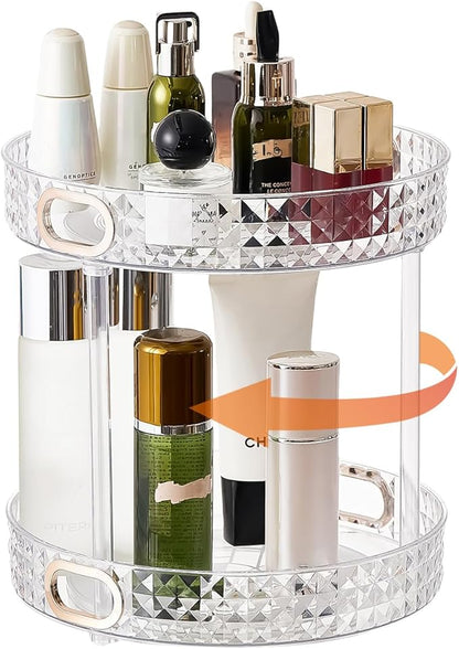 360° Rotating Makeup Organizer, 2 Tier Large Perfume Organizers with Portable Handle for Vanity Bathroom Countertop, Bathroom Counter Organizer for Cosmetics Skincare Perfume