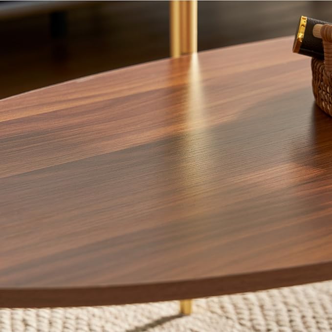 Saint Mossi Olive Glass Coffee Table for Living Room, Mid Century Modern Center Table, Surfboard Clear Glass & Coffee Brown MDF Bottom Shelf with Rounded Corners, L41xW21xH17, Gold Table Legs